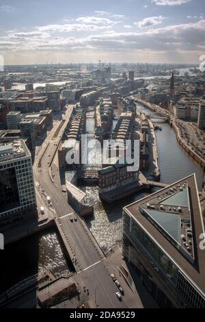 The Speicherstadt in Hamburg with the Elbphilharmonie from above Stock Photo