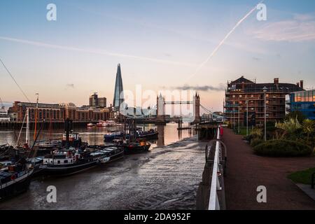 London City 20 Oct 2020, London Bridge view at sunrise from Hermitage pier Stock Photo