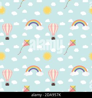 Child seamless pattern background with rainbow, sun, cloud, kite and balloon. Illustration Stock Photo