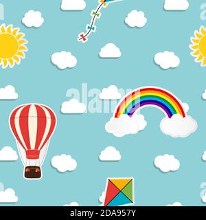 Child seamless pattern background with rainbow, sun, cloud, kite and balloon. Illustration Stock Photo