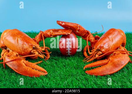 American football game season concept. Playing field and lobsters with ball. Stock Photo