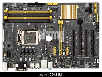 Printed computer motherboard board, isolated on white background Stock Photo