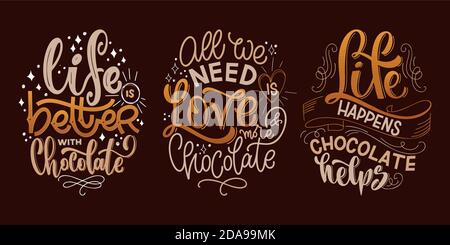 Chocolate hand lettering quotes set. Colorful Christmas word composition. Vector design elements for t-shirt, bag, poster, card, sticker and menu Stock Vector