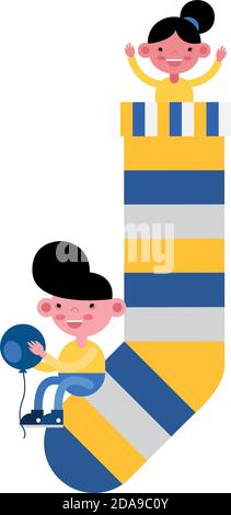 little kids couple in sock with colors stripes and balloon helium vector illustration design Stock Vector