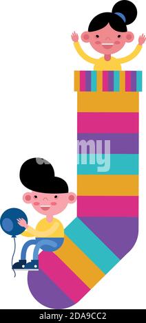 little kids couple in sock with colors stripes and balloon helium vector illustration design Stock Vector