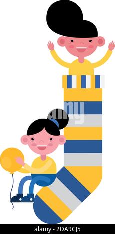 little kids couple in sock with colors stripes and balloon helium vector illustration design Stock Vector