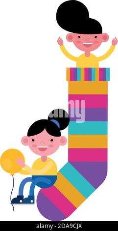 little kids couple in sock with colors stripes and balloon helium vector illustration design Stock Vector