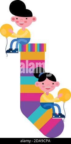 little kids couple in sock with colors stripes and balloon helium vector illustration design Stock Vector