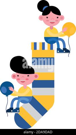 little kids couple in sock with colors stripes and balloon helium vector illustration design Stock Vector