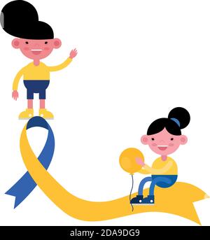 little kids in syndrome down ribbon campaign and balloon vector illustration design Stock Vector