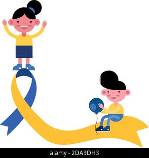 little kids in syndrome down ribbon campaign and balloon vector illustration design Stock Vector