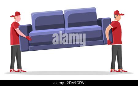 Delivery character man movers carry sofa. Two porters carry couch isolated. Moving company with loaders and furniture. Delivery and relocation service concept. Cartoon flat vector illustration Stock Vector