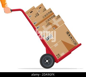 Barrow full of boxes isolated on white. Metallic wheeled trolley with cardboard box. Delivery service and logistics. Hand truck dolly icon. Transportation warehouse. Cartoon flat vector illustration Stock Vector
