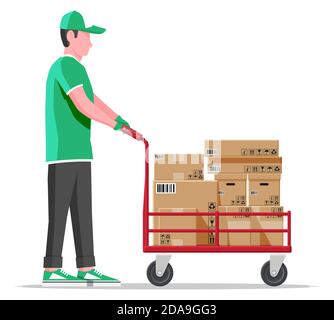 Courier with barrow full of boxes isolated on white. Metallic wheeled trolley with cardboard box and delivery man. Hand truck dolly icon. Transportation warehouse. Cartoon flat vector illustration Stock Vector