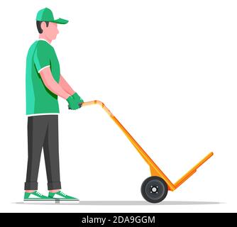 Courier with empty barrow isolated on white. Metallic two wheeled trolley and delivery man. Hand truck dolly icon. Transportation warehouse. Cartoon flat vector illustration Stock Vector