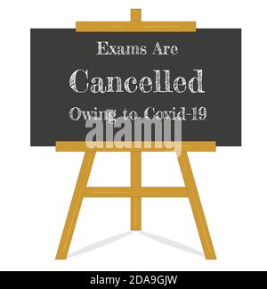 Exams are cancelled owing to covid-19 on a blackboard and easel - Vector EPS illustration Stock Vector