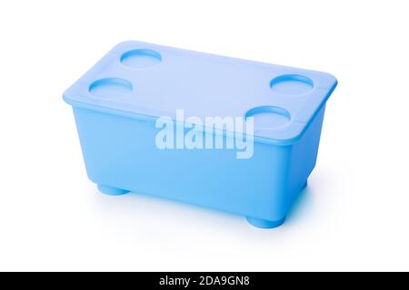 Blue plastic box for pencils or pens isolated on white background Stock Photo