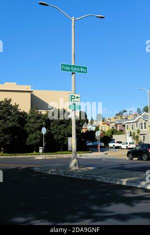 Frida Kahlo Way street sign (formerly Phelan Avenue) in San Francisco, California, USA; Kahlo lived in the city in the 1930s with husband Diego Rivera Stock Photo