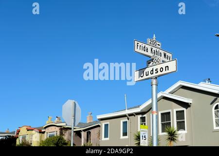 Frida Kahlo Way street sign (formerly Phelan Avenue) in San Francisco, California, USA; Kahlo lived in the city in the 1930s with husband Diego Rivera Stock Photo