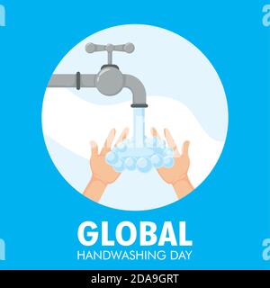 global handwashing day lettering campaign with hands and tap vector illustration design Stock Vector