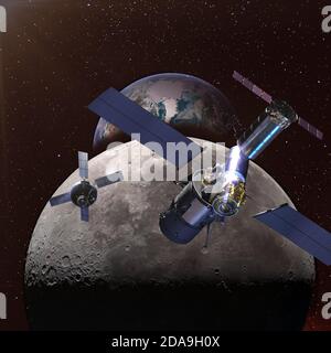 Spaceships in the space above the moon and earth far away in the night on the background. Elements of this image furnished by NASA. Stock Photo