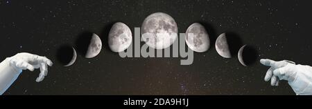 Hands point to the phases of the Moon: waxing crescent, first quarter, waxing gibbous, full moon, waning gibbous, third guarter, waning crescent, new Stock Photo
