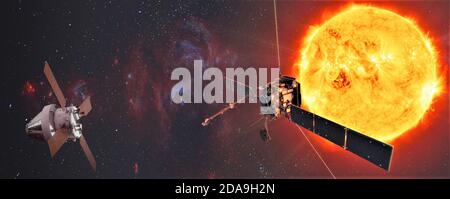 Spaceships flies near the sun in space. Elements of this image furnished by NASA. Stock Photo