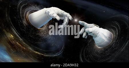 Close up of human hands touching with fingers in space. Concept of life creation. Elements of this image furnished by NASA. Stock Photo