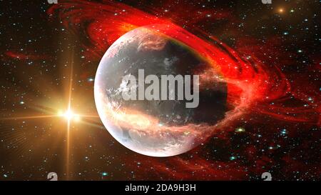 Sunrise view of alien planet from space with red gas planetary ring and stars galaxy background. Elements of this image furnished by NASA. Stock Photo