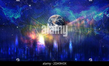 Planet Earth on the background of blurred lights of the city and world map. Concept on business, politics, ecology and media. Earth day abstract backg