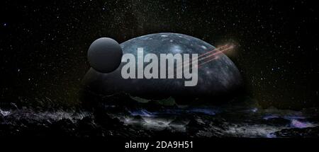 Spaceship in space above the alien planet. Elements of this image furnished by NASA. Stock Photo