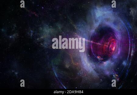 Abstract space wallpaper. Black hole with lighn ray and nebula over colorful stars with cloud fields in outer space. Elements of this image furnished Stock Photo