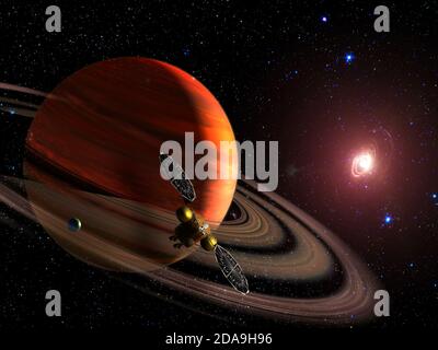 Spaceship on orbit of the Saturn planet. Exploration of the space. Sci-fi wallpaper. Elements of this image furnished by NASA. Stock Photo