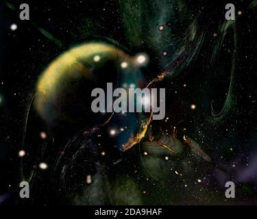 Abstract sci fi space background with gas planet between sparkling stars. Elements of this image furnished by NASA. Stock Photo