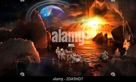 Mission to alien distant planet. Rover on an extraterrestrial landscape with bizarre mountains and sea with planetary moons in space. Elements of this Stock Photo