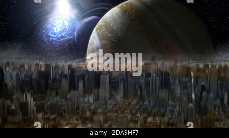Ghostly, illusory city on an alien planet. Elements of this image furnished by NASA. Stock Photo