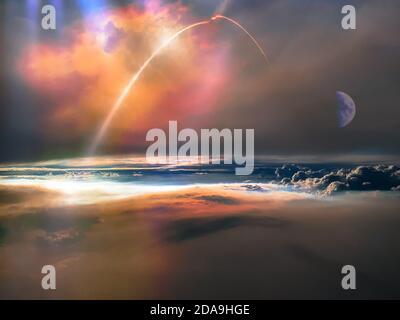 Missile launch, aerial view of space shuttle taking off and moon over the clouds. Elements of this image furnished by NASA