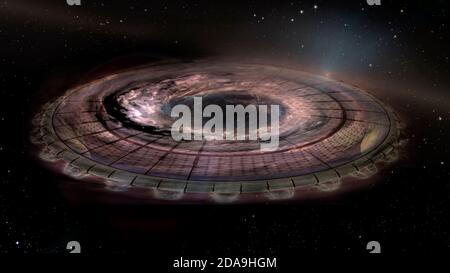 Unidentified flying object UFO in outer space. Science Fiction image concept of ufology and life out of planet Earth.  Elements of this image furnishe Stock Photo