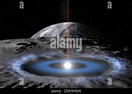 Alien hatch in the crater of the moon and laser beam directed towards the earth. Sci fi landscape. Elements of this Image furnished by NASA. Stock Photo