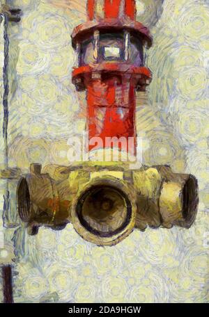 Red fire extinguisher valve and hose Illustrations creates an impressionist style of painting. Stock Photo