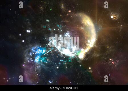 Extrasolar planet with moon on background nebula. Deep space planets, science fiction imagination of cosmos landscape. Elements of this image furnishe Stock Photo