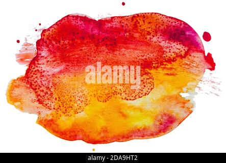 Textured red, orange and yellow watercolor paint brush stroke spot frame, hand drawn illustration isolated on white background Stock Photo