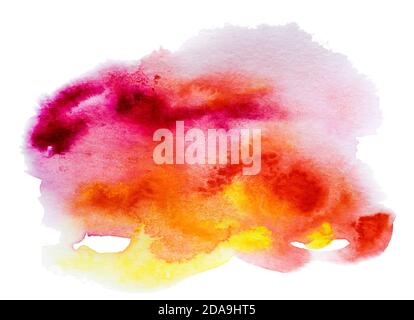 Textured pink, red, orange and yellow watercolor paint brush stroke, hand drawn illustration isolated on white background Stock Photo