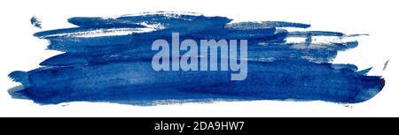Long blue smear watercolor paint spot isolated on white background. Stock Photo