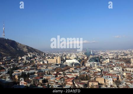 Skyline of Tbilisi from hill in winter Stock Photo