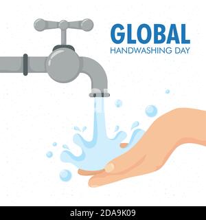global handwashing day lettering campaign with hands and tap vector illustration design Stock Vector
