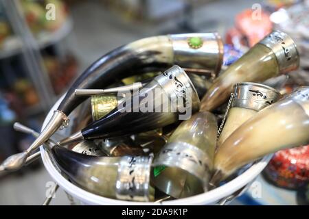 Wine horns on shop counter in Tbilisi, Georgia Stock Photo