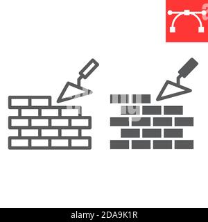 Brickwork line and glyph icon, construction and trowel, build brick wall sign vector graphics, editable stroke linear icon, eps 10. Stock Vector