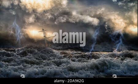 Silhouette of sailing old ship in stormy sea with lightning bolts and amazing waves and dramatic sky. Collage in the style of marine painters like Aiv Stock Photo
