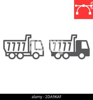 Tipper truck line and glyph icon, construction and industry, truck sign vector graphics, editable stroke linear icon, eps 10. Stock Vector